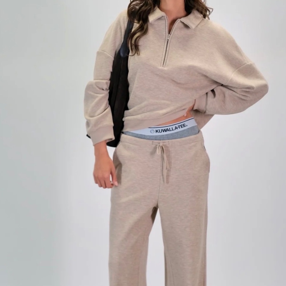 Beige knit polo and matching wide-leg pants from Kuwalla Tees (Montreal)